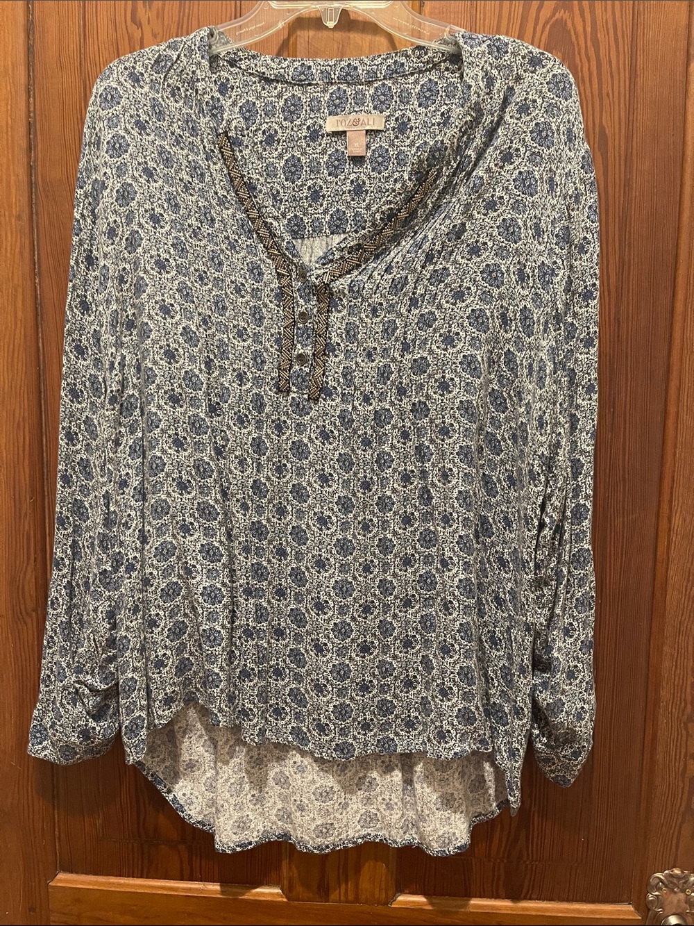 Roz & Ali Blue and Cream Printed Henley Tunic Top